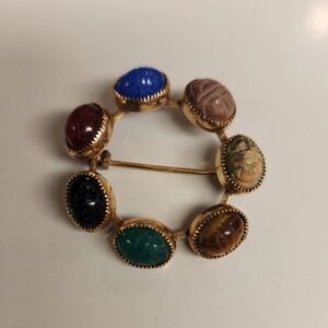D'Abros Scarab Gemstone pin Brooch Carved  Cabochon 120 GF Gold Filled Pin.